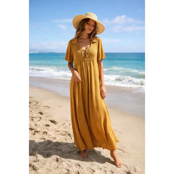 Free People Dresses & Skirts - Free People Boho Mustard Knit Maxi Dress Beach Resort Cottagecore M